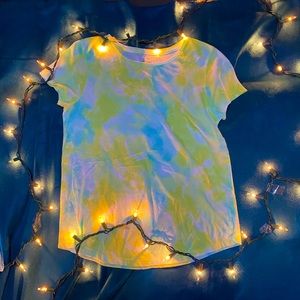 pastel green, white, and blue tie dye tee shirt
